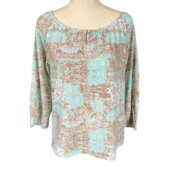 Hannah Tops - Hannah women's patterned pullover top 3/4 sleeve light teal and brown small